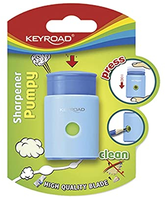 Keyroad Ergonomischer Anspitzer Pumpy-Up Einzeln 1 Stück mit Behälter/Kunststoff/Klingen aus Stahl/von Bleistiften und Buntstiften/Blister - Mischfarben/Für Kindergarten Vorschule und Schule, KR971238