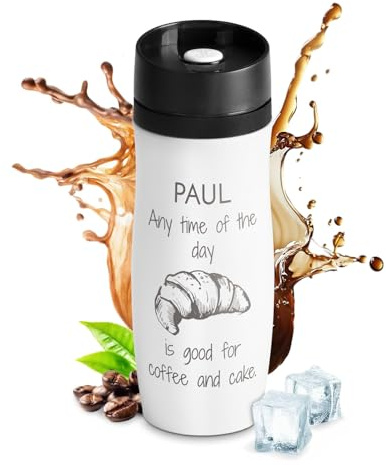 Maverton Personalised Travel Mug, Engraved Isolation Mug, Cake | Thermal White Tumbler, Coffee and Tea Thermos, Vacuum Insulated Stainless Steel Cup, Birthday Gift for a Man