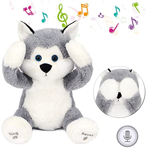 Hopearl Guck-Guck Husky Interaktiv Plüschhund Wiederholt Gesagtes - Singend, Sprechend, Elektrisch Animiert, Peek A Boo Niedliches Geburtstagsfest Geschenk mit Sound, Grau, 29 cm