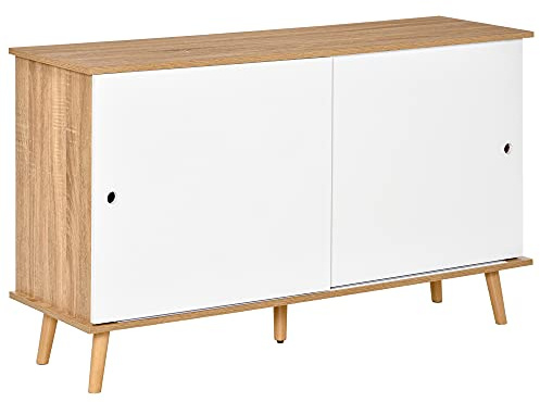 HOMCOM Moderner Küchenschrank mit verstellbaren Einlegeböden und Schiebetüren aus MDF, 130x40x74,5cm, Farbe Holz und Weiß