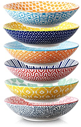 Selamica Große Salatschüssel, 1,2 l Pastateller 6er Set, Keramik Suppenteller Tief, Tiefe Teller für Spaghetti, Nudeln, Suppe, Salat, Obst, Stapelbar, Mikrowellen- und Ofenfest, Bunte