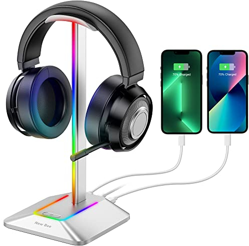 New bee Headphone Stand RGB Headset Holder with 1 USB-C Charging Port and 1 USB Charging Port, Headset Stand Gaming with 7 Light Modes Suitable for All Earphone Accessories (Silvery)