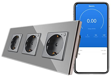 CNBINGO WLAN Schuko Steckdose unterputz mit Strommessung, 16 Amp Glas Smart Steckdose Arbeit mit Alexa(Echo, Echo Dot), Google Assistant, Nur 2.4 GHz WiFi, 3 Fach, Grau, 1er Pack
