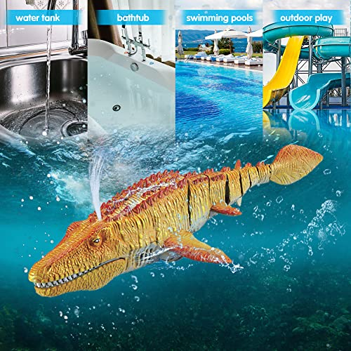 2.4G RC Boot Dinosaurier Pool Spielzeug, Elektrisches Wasserstrahl Hai-Spielzeug mit Licht Haiboot Unterwasser RC Elektro Rennboot Schwimmender Mosasaurus Spielzeugboot für Junge Mädchen ab 5 Jahre