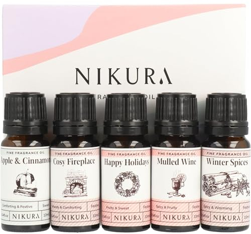 Nikura Christmas Cosy Night in Fine Fragrance Oil Gift Set - 5 x 10ml | Great for Diffusers for Home, Soap & Candle Making, Wax Melts, Burner | Bath Bombs, Perfume Scents | UK Made Essential Oils