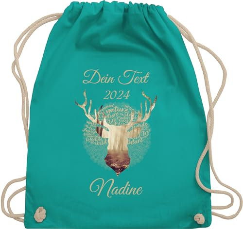 Turnbeutel Rucksack - Kompatibel Oktoberfest - Tag Cloud - Hirsch und Name in Gold - Unisize - Türkis - oktoberfest-tasche trachten personalisierte beutel trachtenrucksack bayrisch goldenem tasche