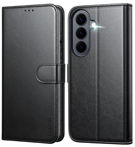 Leacckl - Funda para Samsung Galaxy S23, Funda Tipo Cartera de Piel, Funda Abatible con Tarjetero y Hebilla Magnética, Negro