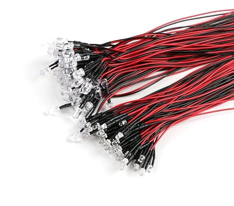 JESSINIE 50Pcs 3mm Light Emitting Diodes LED Bead with Wire Decorative Toy Car Indicator Light DC 5V~12V White Light 3mm