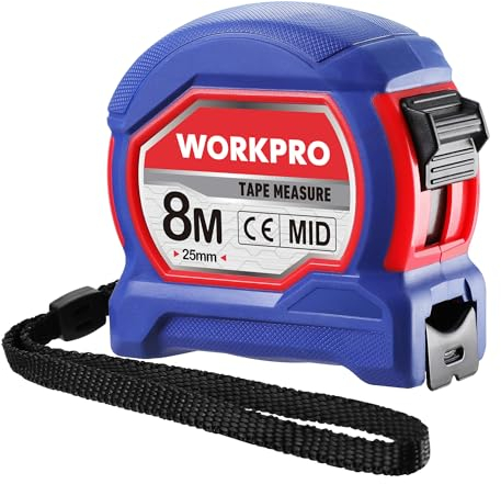 WORKPRO Maßband 8m, 25mm Bandmaß professionell einziehbar, Massband metall mit Lanyard, Metallgürtelclip und Feststeller