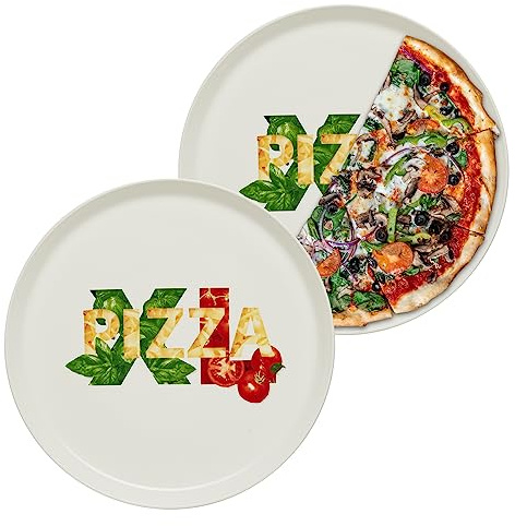 KHG 2er-Set Pizzateller, extra groß mit 33 cm Durchmesser in XL1 Print | perfekt für Gastro und Zuhause, hochwertiges Porzellan, spülmaschinengeeignet & perfekt Stapelbar, vielseitig einsetzbar