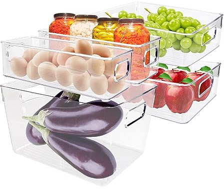 Kylskåpsförvaring, set med 5 köksförvaring, med handtag, transparent, stapelbar, kylskåp, förvaring, förvaringslåda, skafferi, förvaringsbehållare för kök, kylskåp, skåp, snacks