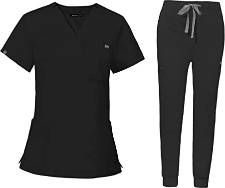 LOVIVER Nursing Uniforms Scrub Set Workwear Nurse Top Pants Work Clothing Women V Neck Scrub Top Nursing Work suits for Cosmetology SPA Pet Groomer, Black L