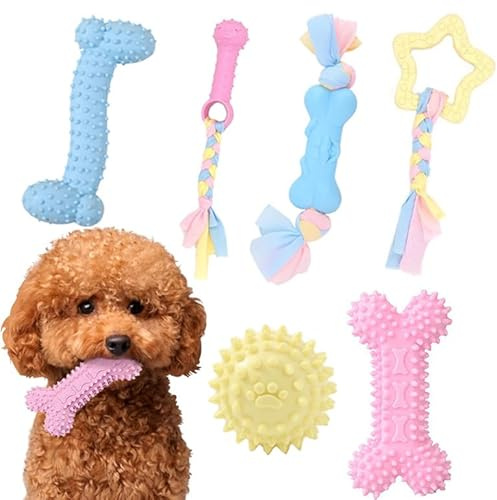 Youery Set di Giocattoli per Cani Masticatori e Dentizione - 6 Pezzi, Colore Macaron - Regalo per Cuccioli di Taglia Piccola e Media