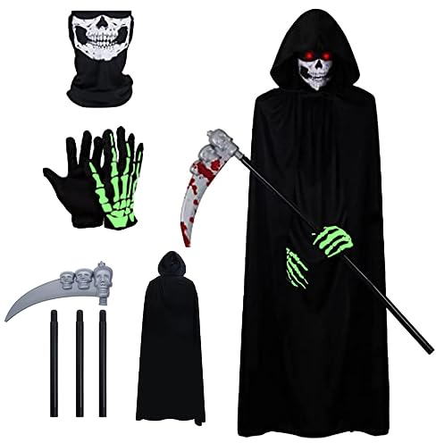 DERJLY Halloween Sensenmann Kostüm Erwachsene: mit Umhang Kapuze Glühhandschuhen Schädelmaske Sense Set - für Halloween Party Karneval Cosplay