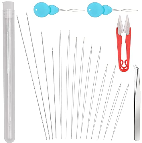 EuTengHao 19Pz Grande Aghi per bordatura lunghi e dritti Aghi per ricamo Aghi per ricamo Forbici Pinzette con bottiglia per aghi per la creazione di gioielli