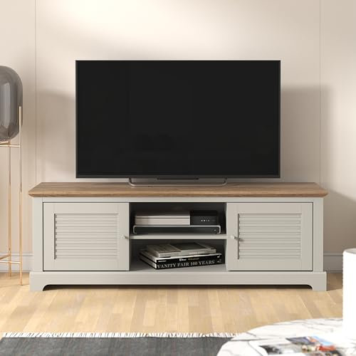 Galano Milan Wide TV Stand – 150cm Entertainment Unit for TVs up to 65” – Modern Storage Cabinet with 2 Doors & Open Shelves – Light Grey/Oak Finish