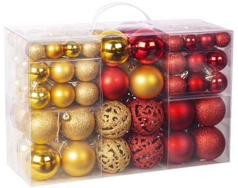 ilauke Lot de 100 boules de Noël incassables à suspendre pour sapin de Noël, mariage, fête, décoration d'intérieur, rouge et doré