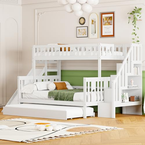 Etagenbett 90/140x200cm mit Ausziehbett, Hochbett mit Rutsche und Regal mit Sicherheitsstufen, Kinderbett mit Lattenrost und Rausfallschutz, Stockbett Jugendbett Funktionsbett (Weiß mit Ausziehbett)