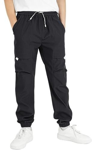 YoungSoul Boys Waterproof Cargo Trousers Elasticated Waist Kids School Trousers Hiking Outdoor Joggers Black 14-16 Years