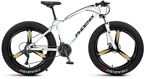26-Zoll-Mountainbike für Jungen, Mädchen, Herren und Damen, Fatbike für Erwachsene, Strand- und Schneefahrrad aus Karbonstahl, Hardtail, Scheibenbremsen, Weiß, 3 Speichen, 30 Gänge
