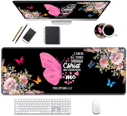 Schreibtischunterlage, Gaming-Mauspads mit Untersetzern, genähte Kanten, Design, XL, großes Mauspad für Laptop, Computer, Schmetterlings-Zitat, Bibelvers 4–13, Schreibtischunterlage für Büro und