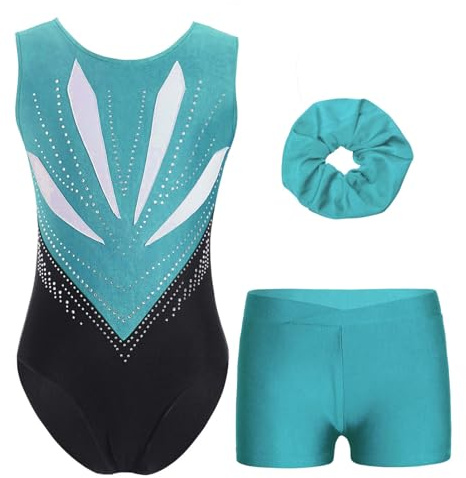 Alvivi Mädchen Turnanzug Glitzer Gymnastikanzug Ärmellos Gymnastik Leotard mit Shorts Haarband Turnbody Wettbewerb Tanzkostüm Blau Grün 122-128