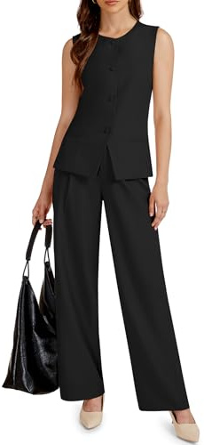 Casly Lamiit 2 Piece Outfits for Women 2026 Sleeveless Blazer Jackets Wide Leg Pants Business Casual Work Matching Set Interview Suits Black M