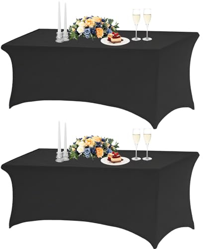 TOROTON 2 Pack Spandex Table Cloth 6FT, Tight, Fitted, Washable and Wrinkle Resistant Stretch Rectangular Patio Table Cover for Wedding, Party, Event, Banquet, for 183Lx76Wx76H cm Table, Black