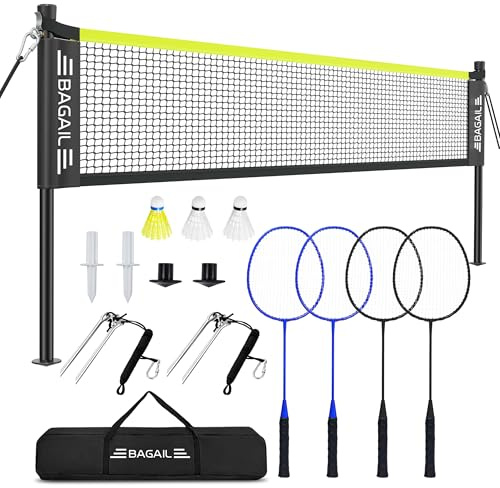 BAGAIL Professionelles Badmintonnetz-Set, TurnierschANDARD 6,1m x 1,55m, Allwettertauglich PE-Netz, 5-Minuten-Montage, Mit 4 Schlägern, 3 Schittern und Tragetasche