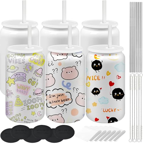 Kaxtde 6 Pack Stainless Steel Sublimation Tumblers Bulk, 480 ml Kids White Insulated Cups with Lids and Straws, Double Walled Vacuum Tumbler for Juice, Beverage, Smoothie, Cold Drinks