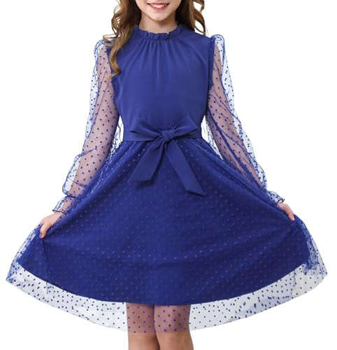 Rolanko Vestido de Manga Larga Abullonada para Niña, Cintura Alta con Cinturón Línea A Cuello Volante Malla Contrastada Vestidos de Princesa para Fiesta en Tul