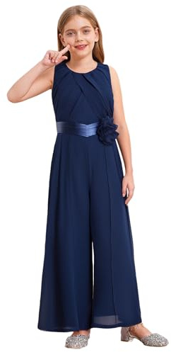 FEESHOW Flickjumpsuit festlig overall ärmlös med bälte elegant plissé breda ben byxor för bröllop kväll, Marinblå, 146-152