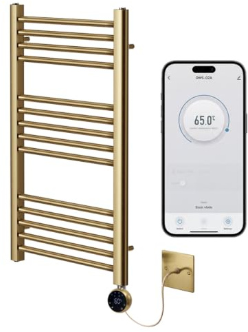 Greened House Brushed Brass Electric WiFi Towel Rail 500mm W x 800mm H | Smart WiFi Controlled, Heated, Flat Design, 7 Day Programming, App Compatibility