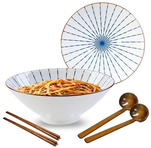 Ramen Lot de 2 bols japonais en céramique de 1000 ml avec baguettes et cuillères, bols à pâtes, bols à soupe, saladiers pour Pho Ramen (Hanabie)