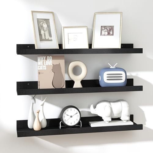 RICHER HOUSE Wandregal Schwarz, 60x13 cm, Schweberegal aus MDF Holz,3er Set | Bilderleiste, Wandboard, Regal Wand für Fotorahmen und Dekos, Wohnzimmer, Kinderzimmer, Schlafzimmer, Küche, Badezimmerwand