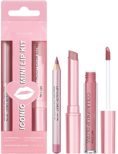 3PCS Matte Liquid Lipstick, Lip Combo Set - Lip Balm & Lip Liner Lip Kit, Hydrating Collagen Gloss (Pink), Long-Lasting, Waterproof Makeup Kit