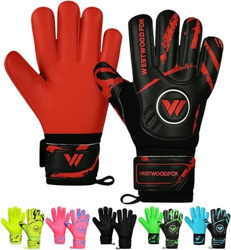 WESTWOOD FOX målvaktshandskar, fingerskydd fotboll målvaktshandskar för barn, ungdomar, vuxna, tungt grepp palm Dumbo latex 4 + 3 mm, handledsstöd (RED, Size 4 suitable for 5 to 6 Years old)