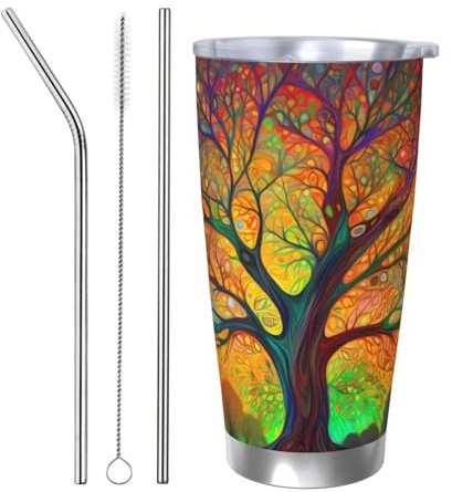 Tree of Life Colorful Leaves Tumblers 20 oz Stainless Steel Tumbler Cup Straw Three-piece Set for Adult Women Men, Travel Coffee Mug for Office Birthday Anniversary Wedding Party