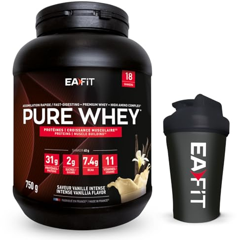 Proteine Whey - LOT Whey Vanille 750g + Shaker Noir avec agitateur en acier - EAFIT Marque Française