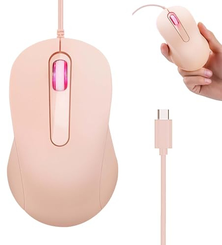 Souris Filaire TYPE-C,Plug & Play,Portable Silencieuse Haute Précision Ergonomique Optique Souris pour Ordinateur Portable/Smartphone/Tablette/MacBook,Bureau Maison, Cadeau pour Enfants Adultes-Rose