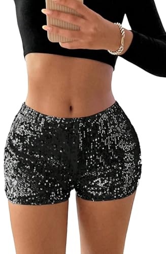 GORGLITTER Shorts Damen Niedriger Taille Partyshort mit Pailletten Y2K Rave Glitzer Clubwear Freizeitshort Strechy Kurz Hosen Festival Outfit