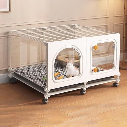 Kaninchenkäfig Indoor auf Rädern, Transparentes Design, mit Reinigungsschale, Kleintierkäfig für Kleinhase Hase, Einfache Montage
