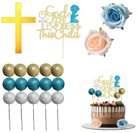 Adornos para pastel de bautizo, set completo con cruz, flores, y esferas, decoración azul y dorada para bautizos y celebraciones