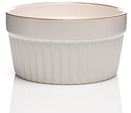 BigDean 6x Souffle-Förmchen 9x5 cm 200 ml weiß + hellbraunem Rand- Ofenfeste Förmchen - Schälchen für Creme Brulee Mini Auflaufform Pastetenform Schälchen aus Keramik - spülmaschinengeeignet
