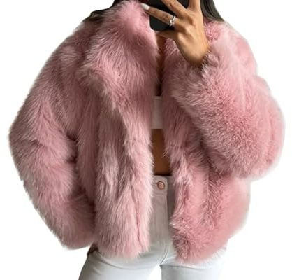 DAIHAN Mujer Abrigo corto de piel sintética Chaqueta corta Bolero Elegante con Solapa Grande Gruesa y Cálida de pelo Sintético de Sherpa Talla Grande para invierno Pink XS