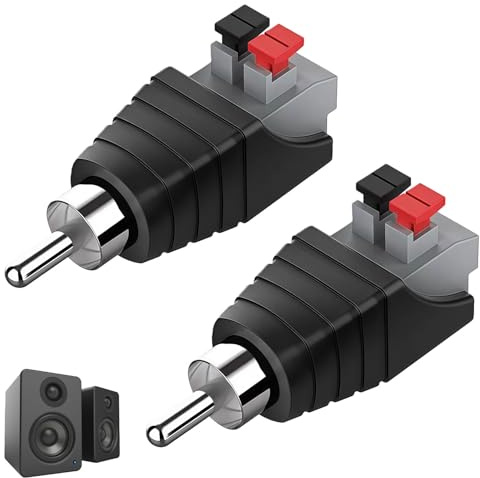 TELADESHX RCA to Speaker Wire Adapters (2 Pack) – Gold Plated Phono Plug Connectors for CCTV, Home Audio & Subwoofers – Spring Press Balun Male to AV Screw Terminal Adapters (Black)