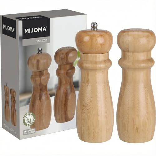 MIJOMA Juego de molinillos de sal y pimienta con aspecto de madera – Juego de 2 molinillos manuales – 150 ml – Mecanismo de cerámica y cabezal esparcidor – Juego de molinillos de especias moderno de