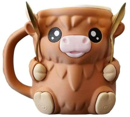 Aubzy Porte-pinte Glace Highland Cow – Adorable Tasse Anti-Gel avec Cuillère & Poignée et Tiroir à Snacks pour Glace & Cannettes, Réutilisable et Confortable pour Soirée Cinéma, Camping & Pique-nique