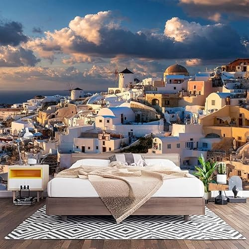 Papel Pintado Panorámico Fotomurales Paisaje Urbano 350x256 cm, Murales de Pared Decoración Póster in Tejido No Tejido Paisaje Urbano Del Mar Egeo Personalizado 3D Para Salón Dormitorio Oficina