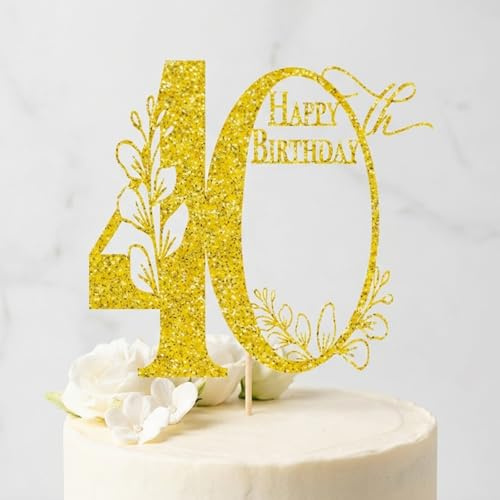 40th Birthday Cake Topper Gold Glitter - Elegant Number 40 Cake Decoration for Adult Party, Easy to Install Non-Edible Topper for Anniversary Celebration